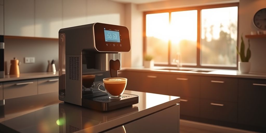 A modern kitchen counter with a sleek smart coffee maker featuring a digital touchscreen, making a latte art design automatically, with morning light streaming through a window.