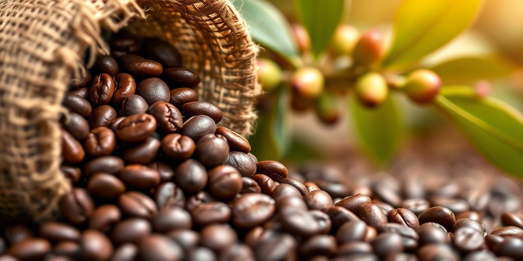 Close-up of freshly roasted Brazil Rio Minas Arabica coffee beans spilling from a burlap sack, showing their oily sheen and rich chocolate-brown color, with a coffee plant branch in the background.