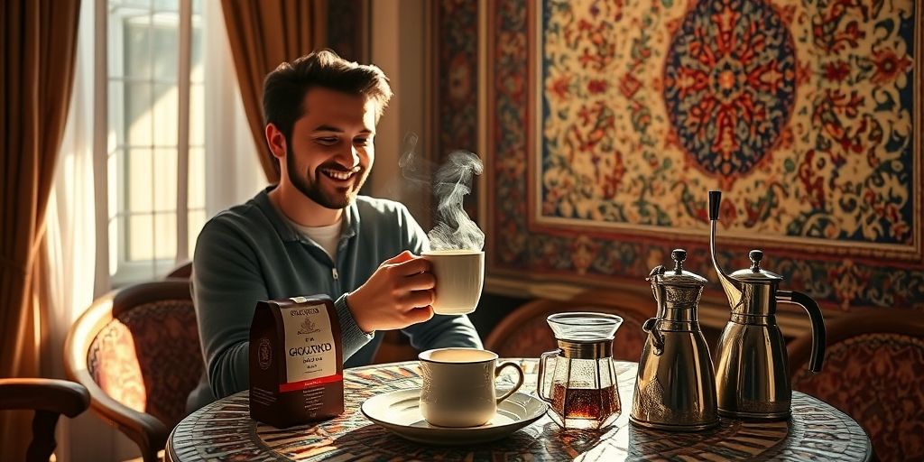 A Persian coffee lover smiling while holding a cup of freshly brewed Brazilian coffee in a traditional setting, with a Giocondo Coffee package and coffee brewing equipment artfully arranged on a mosaic table.