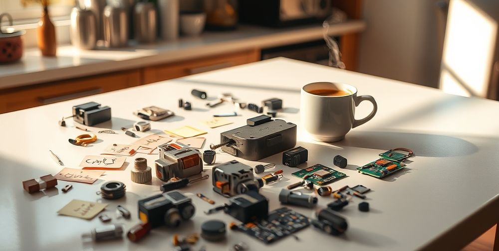 A close-up of various small coffee machine components such as heating elements, water pumps, and circuit boards neatly laid out on a clean table, with sticky notes and Persian labels, alongside a hot cup of espresso, in a sun-drenched kitchen corner.