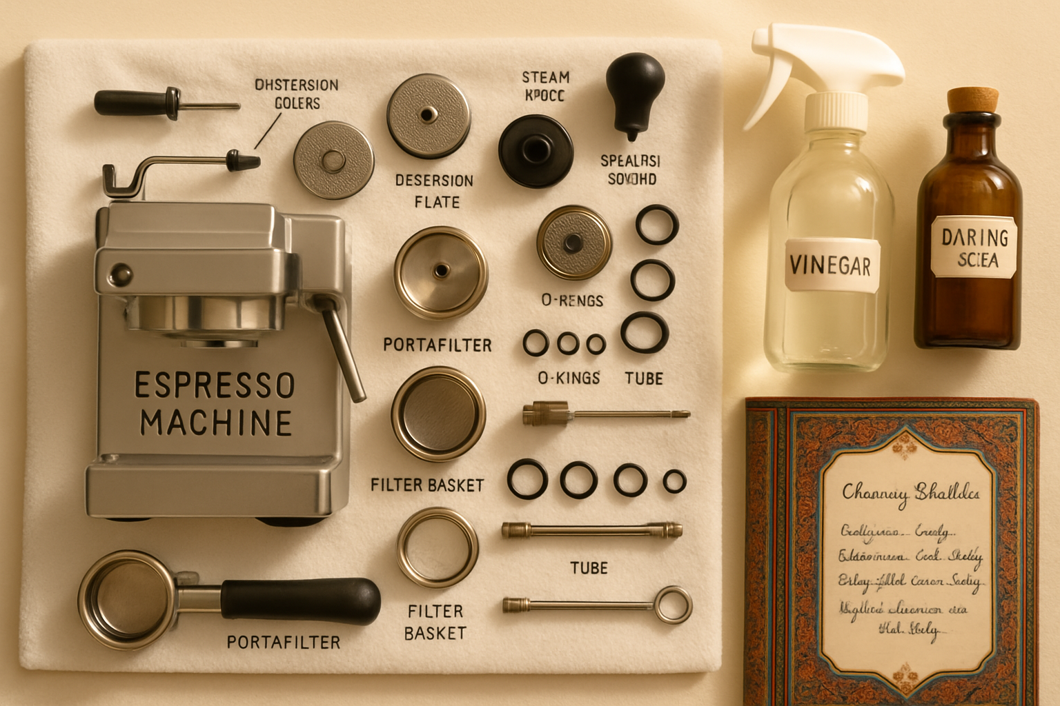 Close-up of a disassembled espresso machine with detailed, labeled parts laid out on a clean towel, next to natural cleaning solutions and a Persian-style notebook showing cleaning schedules.