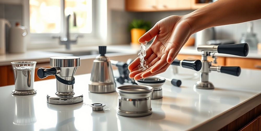 A vivid scene showing various espresso machine components (portafilter, filter basket, group head, steaming wand) laid out on a clean kitchen counter, being washed and maintained by hand, emphasizing cleanliness and daily care.