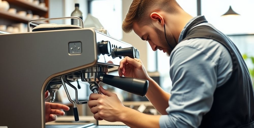 A professional barista performing descaling and deep maintenance on a semi-automatic espresso machine in a bright, modern coffee shop, using professional-grade tools, with visible mineral deposits being removed effectively.