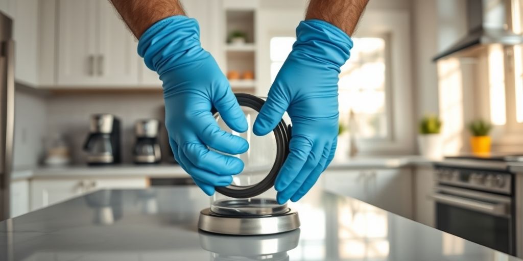 Hands wearing protective gloves demonstrating how to replace a coffee maker gasket, with old and new rubber seals clearly visible against a clean kitchen backdrop.