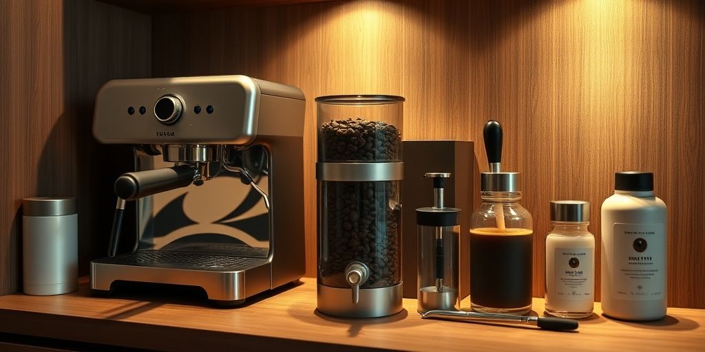 A well-organized coffee station showing a clean coffee maker, sealed container of coffee beans, and maintenance tools like cleaning brushes and descaling solution arranged neatly.