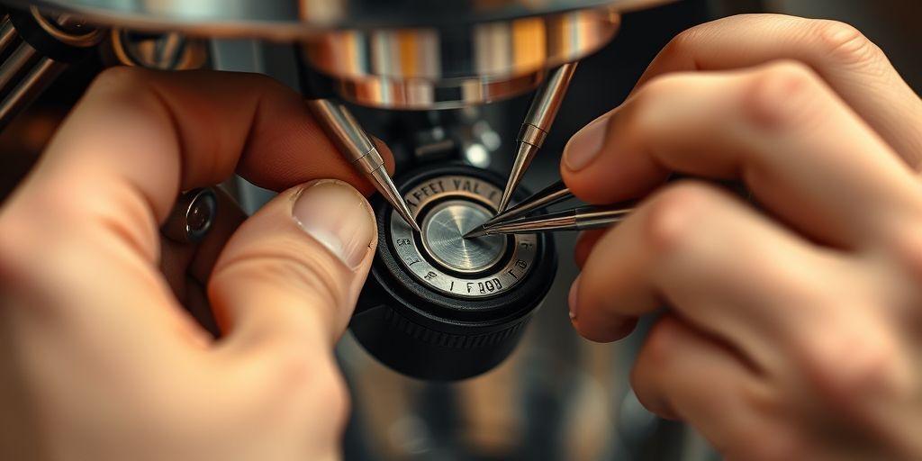 Close-up of hands repairing a coffee maker water valve using precision tools, showing replacement of a rubber gasket with detailed focus on the repair process.