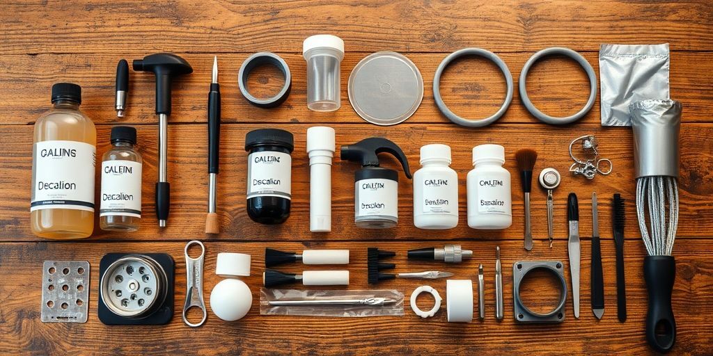 A well-organized coffee maker maintenance kit including descaling solution, cleaning brushes, replacement gaskets, and tools arranged neatly on a wooden background.