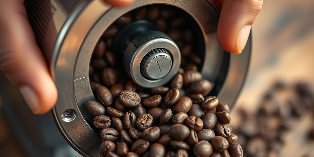 A close-up of a hand grinding fresh coffee beans with a high-quality burr grinder, rich texture, warm lighting, showcasing precision and aroma.