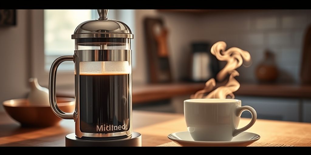 A cozy kitchen scene with a French press and a steaming cup, soft dawn light, inviting atmosphere, showcasing the moment of savoring a perfectly brewed cup.