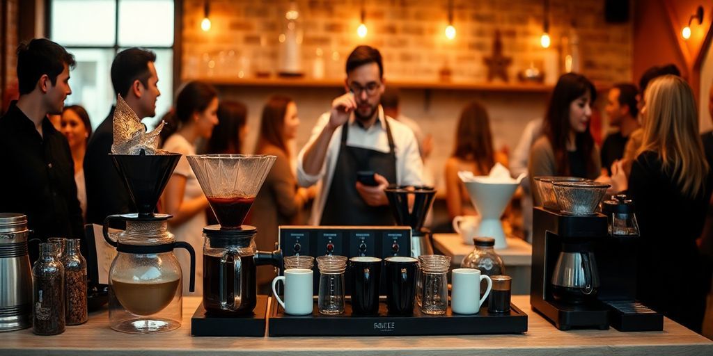 A mid-setup image of a stylish party coffee station with multiple brewers, filters, timers, and a friendly barista guiding guests, warm ambient lighting.
