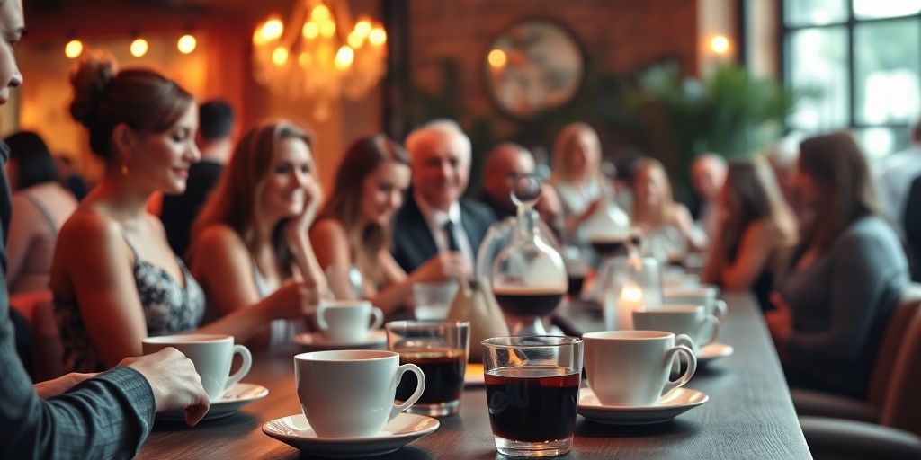A warm, inviting final photo of a coffee tasting setup at a party with diverse guests, aroma steam, elegant cups, and stylish ambient lighting.