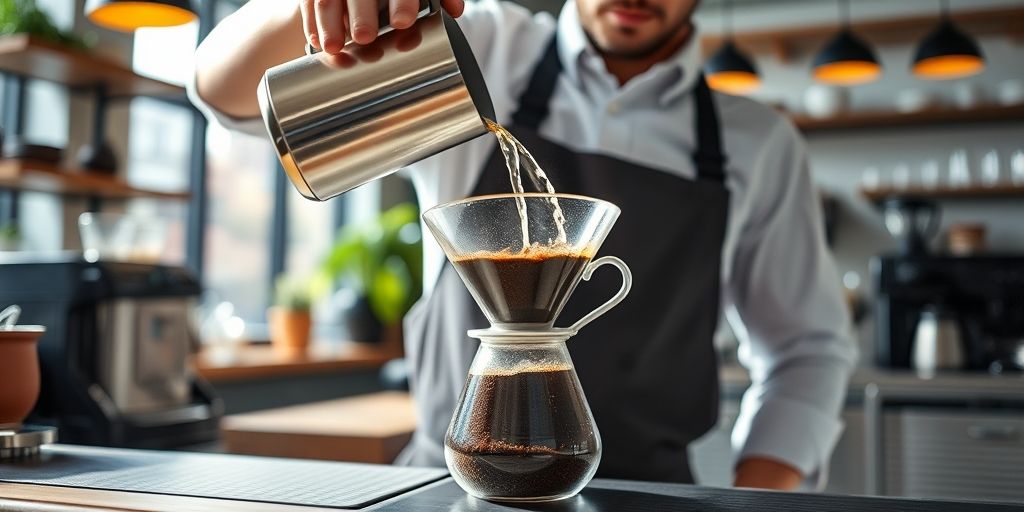 A professional barista pouring hot water in a slow spiral over coffee grounds inside a glass dripper, emphasizing precise technique for optimal extraction, with a bright, modern coffee shop background.