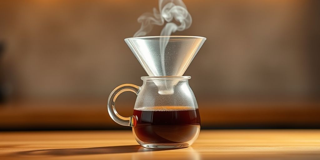 A well-maintained glass dripper with a freshly brewed pour-over coffee, highlighting cleanliness and precision in brewing, with a softly lit background emphasizing quality craftsmanship.