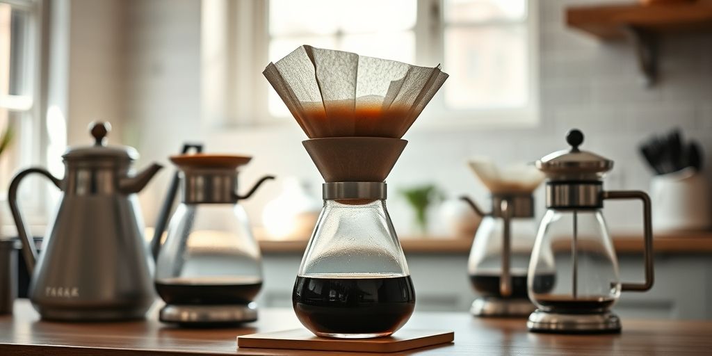 An elegant Chemex brewer with a thick paper filter, glass carafe catching light, surrounded by a kettle, scales, and clean kitchen in soft daylight, showcasing a classic, bright extraction experience.