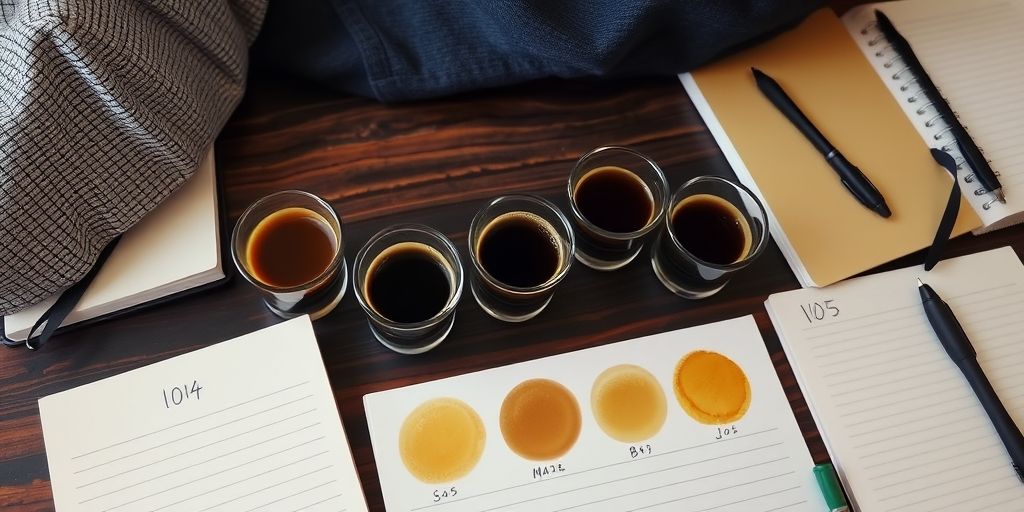 A cozy tasting setup with numbered glass cups, notebooks, and several coffee samples displaying color gradients, inviting sensory notes and mindful evaluation before final brewing.
