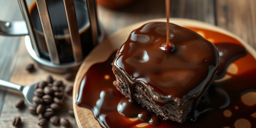 An overhead shot of a coffee-glazed chocolate dessert, glossy drizzle, a French press nearby, natural wood background, soft daylight, emphasizing bold contrast between coffee notes and sweetness.