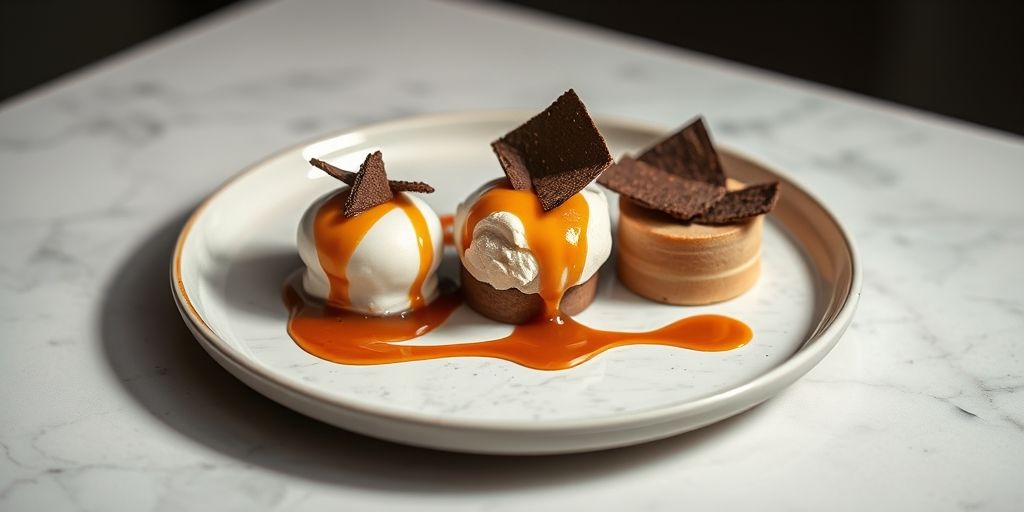 A plated dessert trio featuring coffee cream, caramel sauce, and cocoa shards on pale marble, refined presentation, studio lighting, inviting viewers to imagine a sophisticated coffee-forward bite.