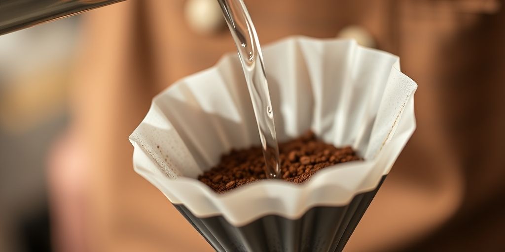 Macro shot of a barista pouring hot water over ground coffee in a V60 dripper, steam curling, focus on texture of coffee bloom, shallow depth of field, studio-like lighting conveying clarity and craft.