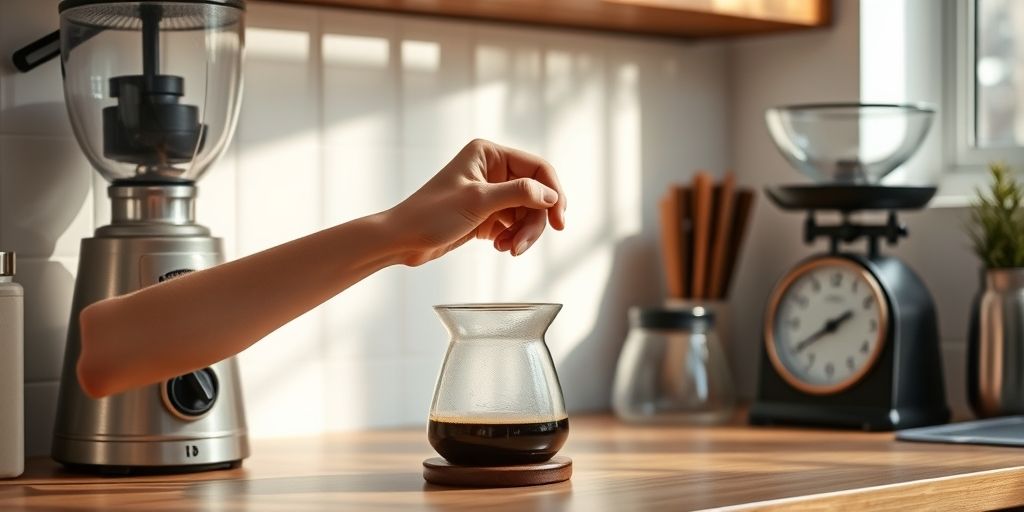 A serene kitchen scene showing a hand preparing a perfect drip coffee, retro grinder, scale, timer, minimalistic decor, soft morning light, emphasizing mindful brewing and mood outcomes.