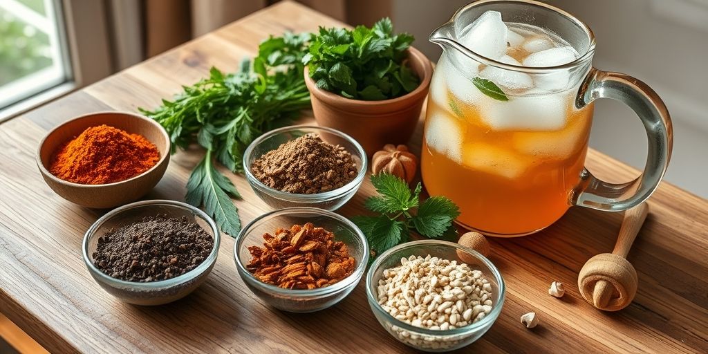 A table setup with bowls of ground spices, a pitcher of iced beverage, and fresh herbs, rich textures, soft natural light, creating a cozy kitchen scene.
