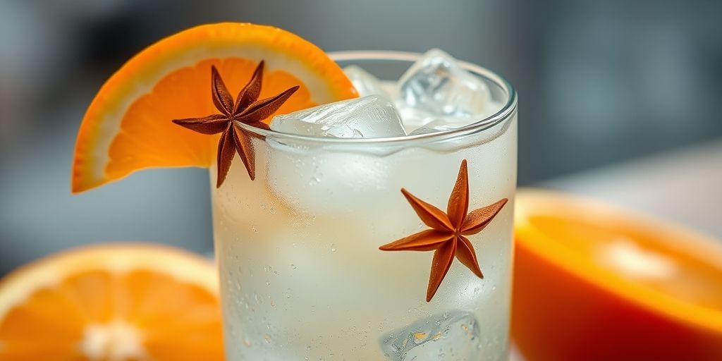 A refreshing iced drink in a clear glass, garnished with orange peel and a star anise, condensation on the outside, inviting summer vibes.