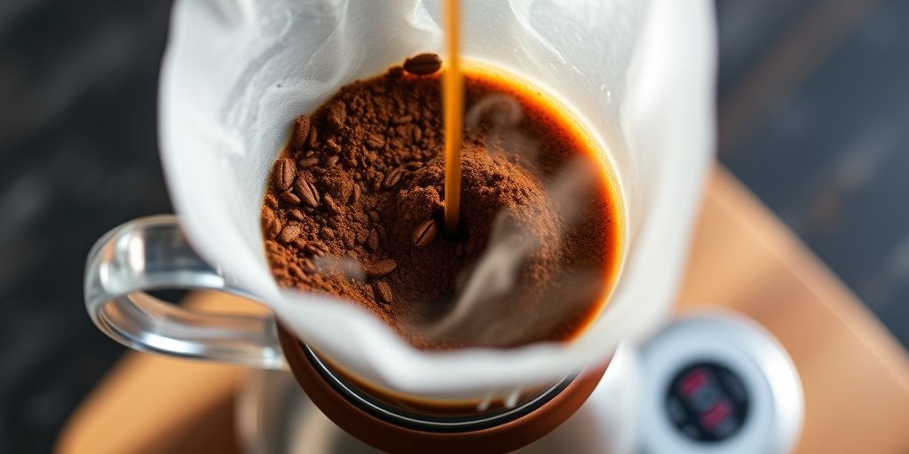 A close-up of a pour-over setup with freshly ground coffee from Brazil, steam rising, amber crema visible, and a neat scale, conveying precision and care in home brewing.