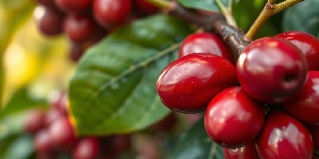 Close-up of ripe coffee cherries on a Brazilian branch, macro shot highlighting glossy red beans, dew on leaf veins, rich soil traces, sunlight filtering through the canopy, capturing the sensory allure of fresh harvest.
