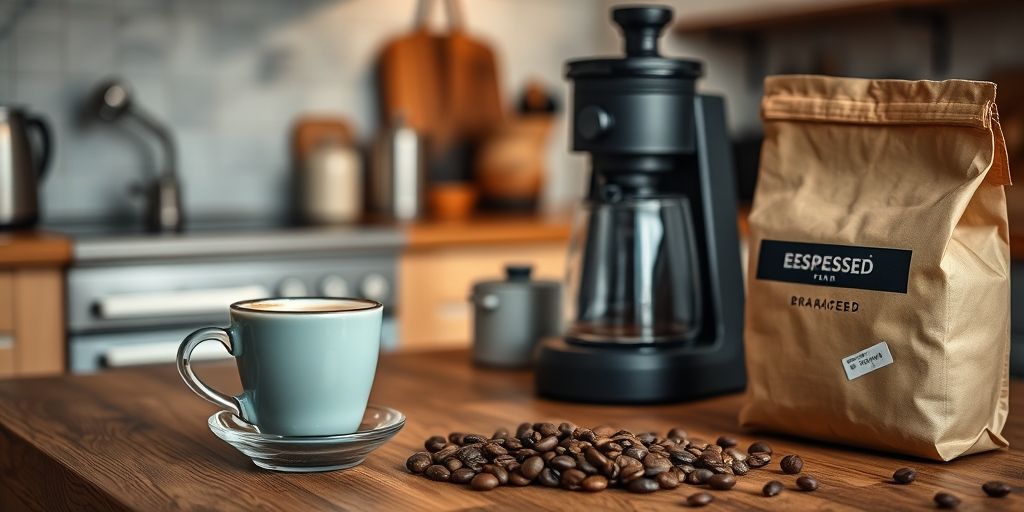 Cozy home kitchen scene with a cup of espresso, a grinder, and a bag of roasted Brazilian beans on a wooden table, warm lighting, inviting aroma, and a sense of everyday ritual.