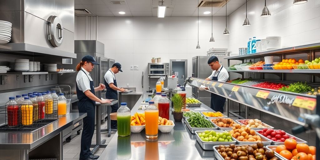 A modern commercial kitchen with professional staff preparing cold beverages, clean counters, sanitized equipment, and vibrant displays of fresh ingredients, emphasizing hygiene and quality.