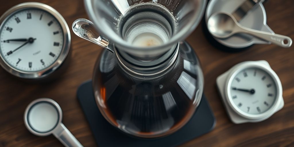 An overhead shot of a Chemex setup with a clock, measuring spoon, and scale, showing precise water pour and bloom, glass carafe gleaming, dark coffee bed turning lighter, conveying ritual and science.