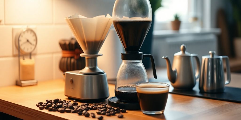 A cozy kitchen scene showing a pour-over station, a timer, and a tasting cup, with fresh beans and a small kettle, soft ambient light, and visible steam, conveying mindful, shareable coffee moments.
