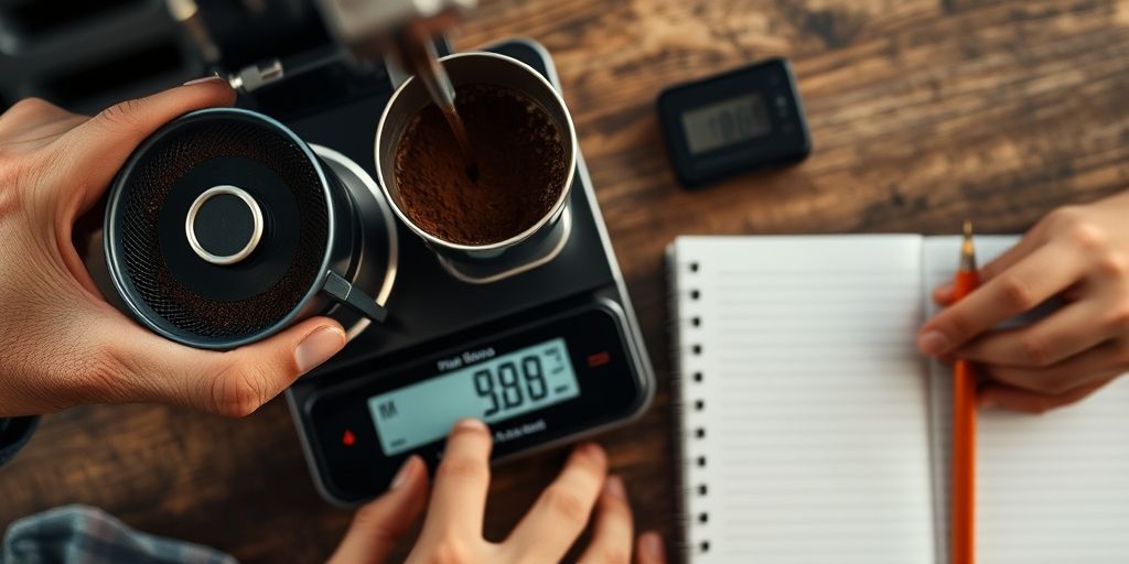 An overhead shot showing a barista tuning grind size and brew ratio on a digital scale, with a timer and notebook, conveying the science of extraction and the art of patience.