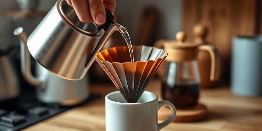 A cozy kitchen scene with a hand gently pouring hot water over a cone filter, a moka pot in the background, and a steaming cup, emphasizing mindful, ritual coffee brewing.